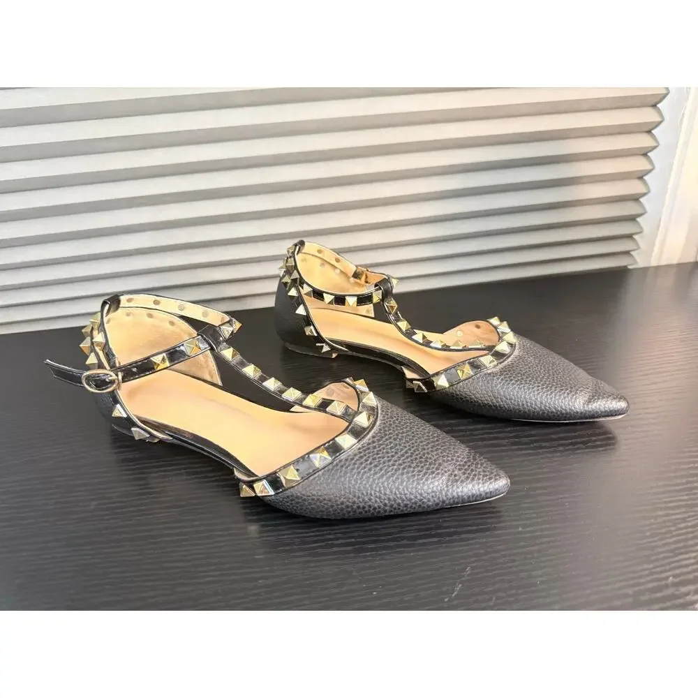 Black Studded T-Strap Pointed Toe Flats Womens EUR 36 Rockstud Style Ankle Strap - Picture 3 of 15